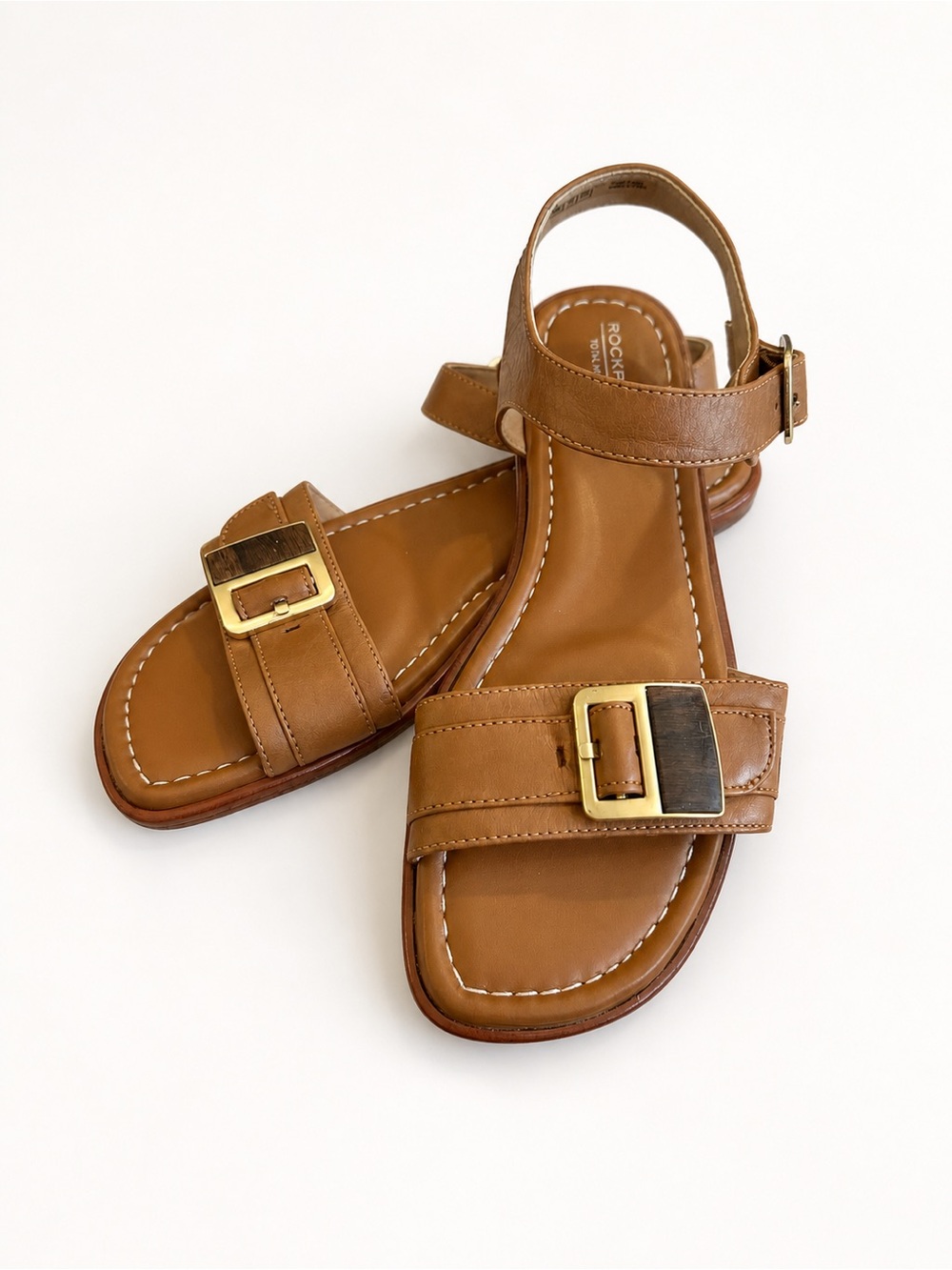 ROCKPORT Total Motion Brown Leather Sandals Gold Buckle Comfort Ankle Strap
